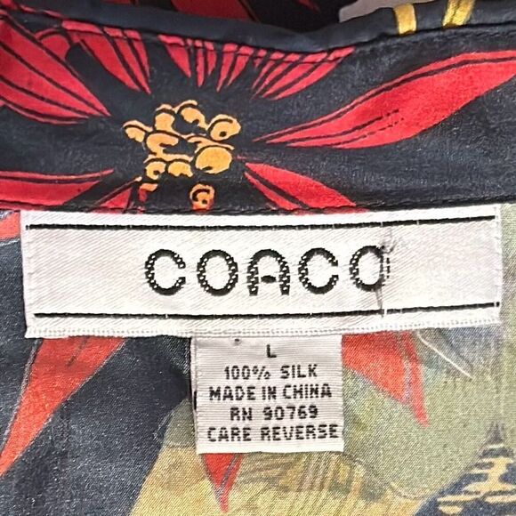 COACO Women's Black Tropical Print Floral Silk Blouse Long Sleeve Button Down - Picture 7 of 8